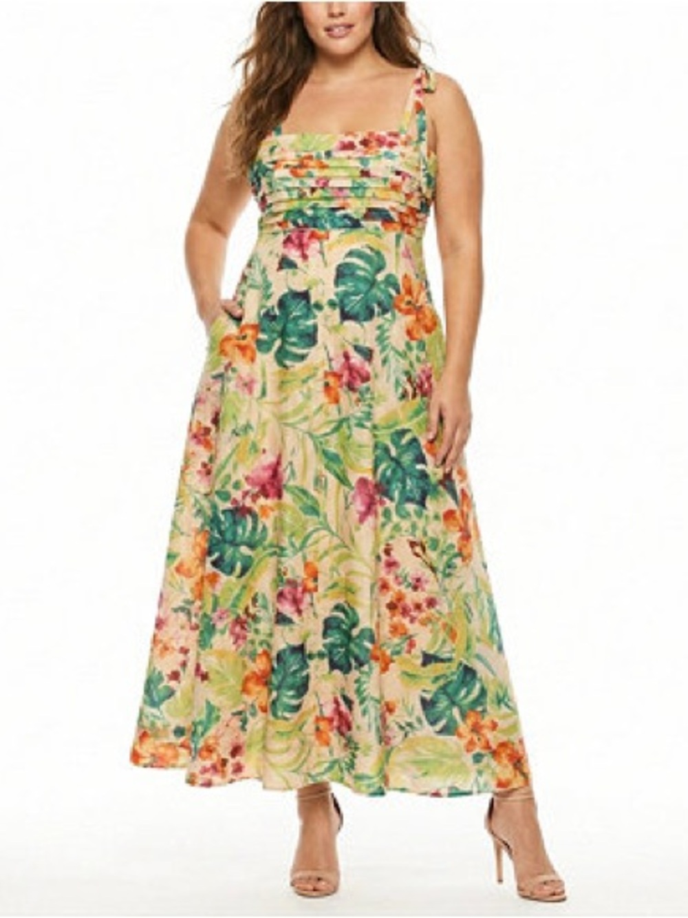 Taylor Tan Tropical Floral Tie-Shoulder Maxi Dress M
